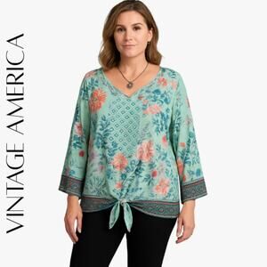 VINTAGE AMERICA Floral Side Tie Peasant Blouse, M